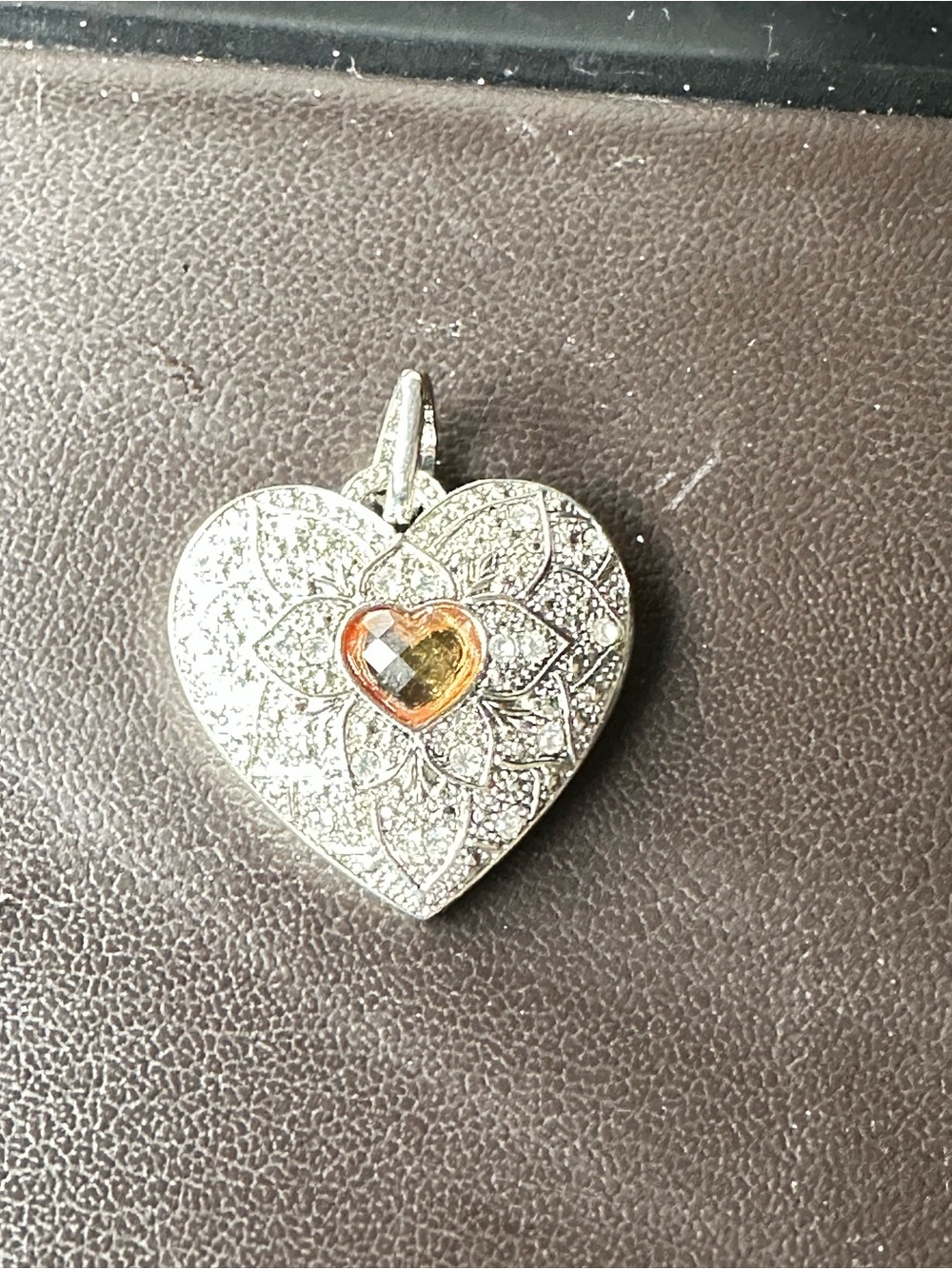 Silver Heart Pendant with Amber Center Stone - Women's Jewelry